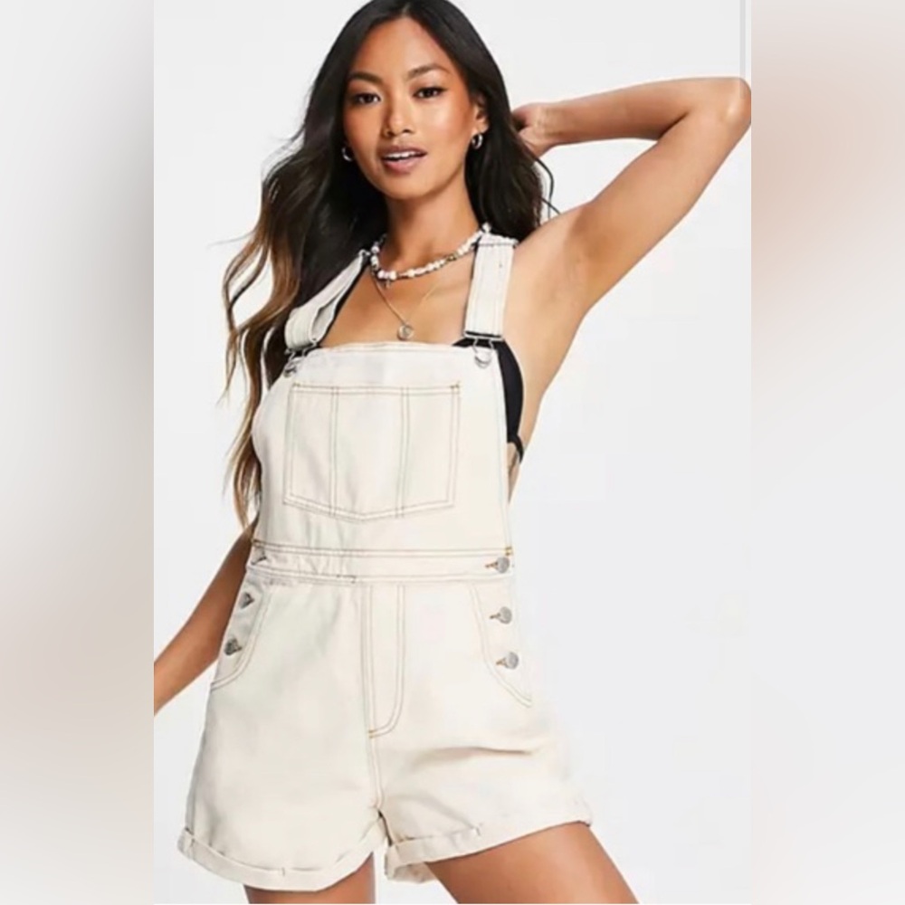 Rhythm Cream Denim Short Overalls in 100% Cotton.
